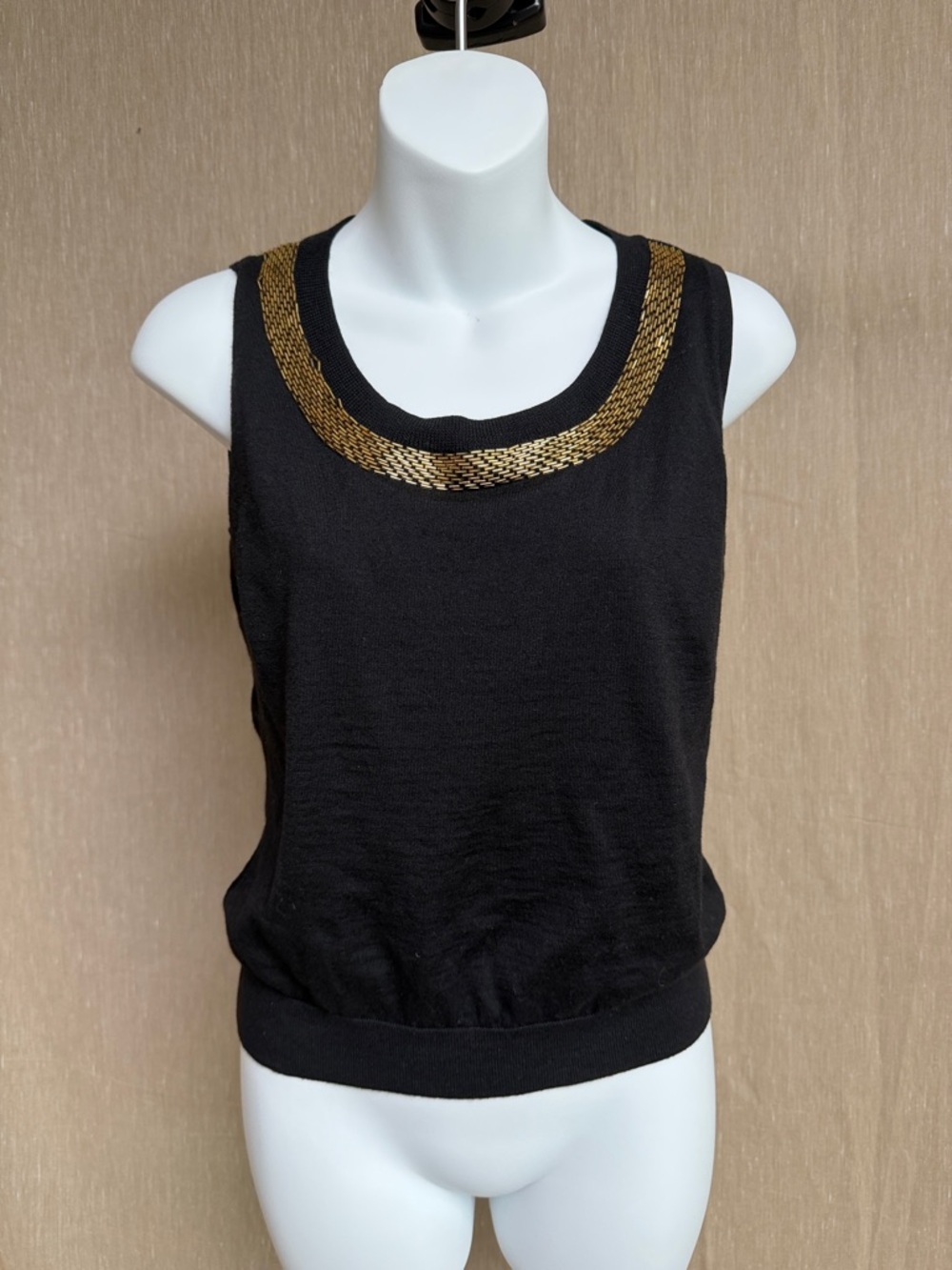 Black Sleeveless Knit Top with Gold Trim